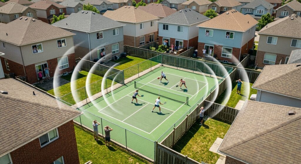 test A tense suburban neighborhood scene at midday, aerial perspective showing a pickleball court in a residential area with players mid-game, surrounded by closely packed houses with frustrated residents visible at windows and in yards covering their ears. The atmosphere is charged with conflict — bright harsh sunlight, sound wave ripple effects emanating visually from the court outward toward the homes. Photorealistic editorial style with cinematic composition, muted suburban color palette contrasted against the vivid green court surface, conveying the tension between recreation and residential peace.